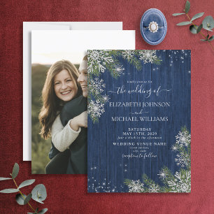 Invitación Boda fotográfico de invierno de plata azul rustica
