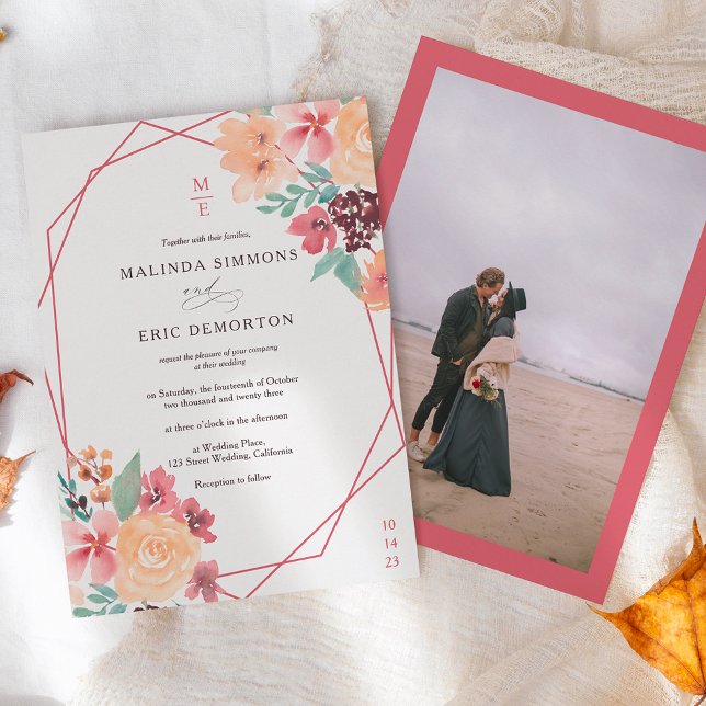 Invitación Boda fotográfico de la acuarela floral de terracot (Subido por el creador)