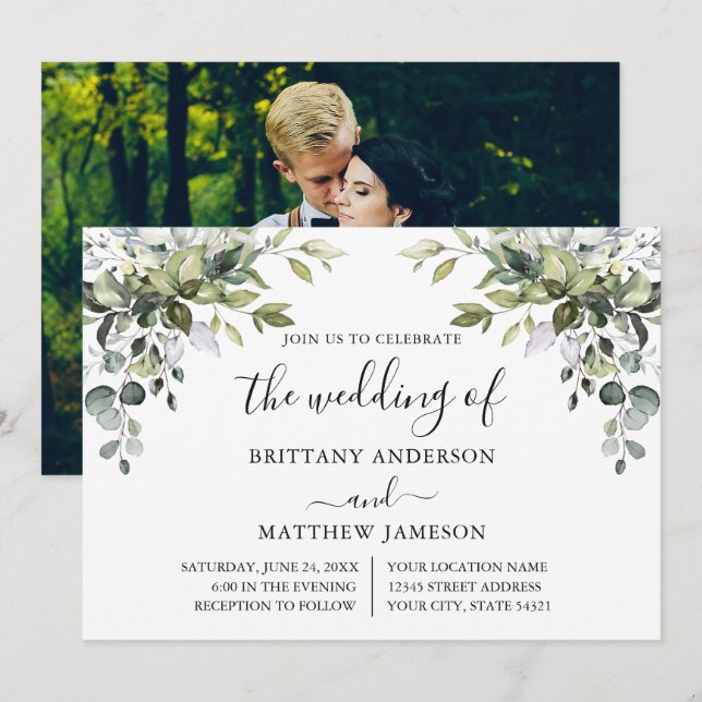 Invitación Boda fotográfico de la caligrafía de la vegetación (Anverso / Reverso)