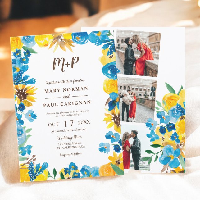 Invitación Boda fotográfico de la cascada de flores de sol (Sunflowers watercolor wreath fall photo wedding invitation)