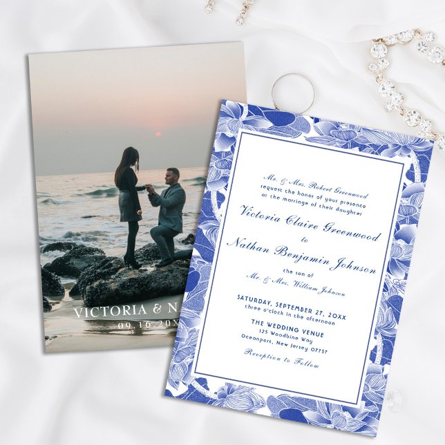Invitación Boda fotográfico de la Chinoiserie clásica azul y  (Subido por el creador)