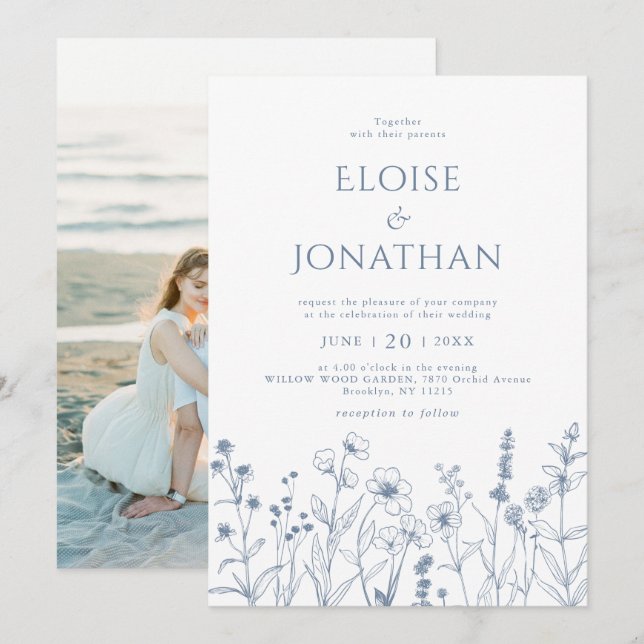 Invitación Boda fotográfico de la flor silvestre de Periwinkl (Anverso / Reverso)