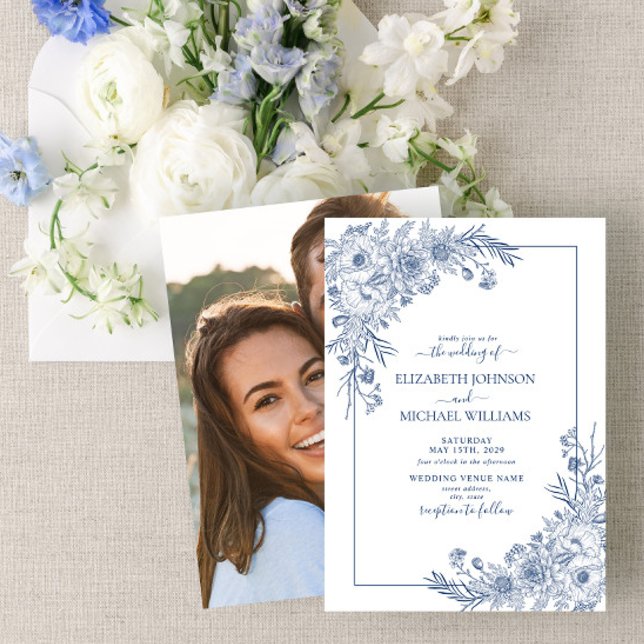 Invitación Boda fotográfico de la Línea Azul Floral de la Mar (Subido por el creador)