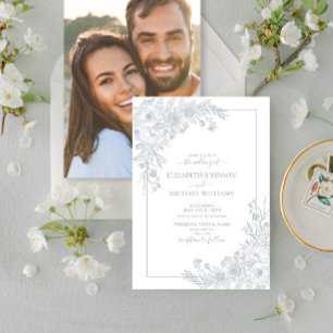 Invitación Boda fotográfico de la línea floral azul vintage D