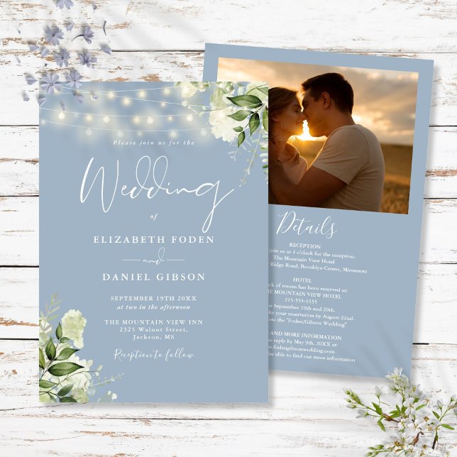 Invitación Boda fotográfico de la luz verde azul turbulenta (All In One Dusty Blue Greenery Light Photo Wedding Invitation)