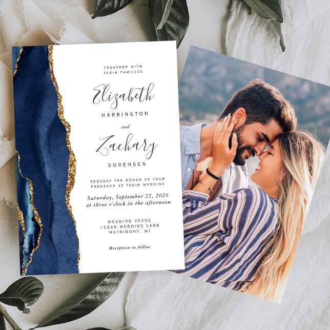 Invitación Boda fotográfico de la Marina Azul Oro Agate (Subido por el creador)