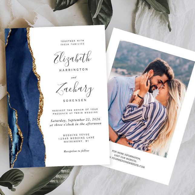Invitación Boda fotográfico de la Marina Azul Oro Agate (Subido por el creador)