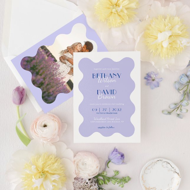 Invitación Boda fotográfico de la ola de la lavanda azul mode (Subido por el creador)