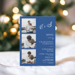 Invitación Boda fotográfico de las iniciales minimalistas azu<br><div class="desc">Moderna boda de fotos minimalistas ocasionales iniciales,  pequeña ceremonia de boda perfecta. Añade tus 4 fotos e iniciales de tu pareja ,  un sencillo color azul del año y un tema de boda blanco.</div>