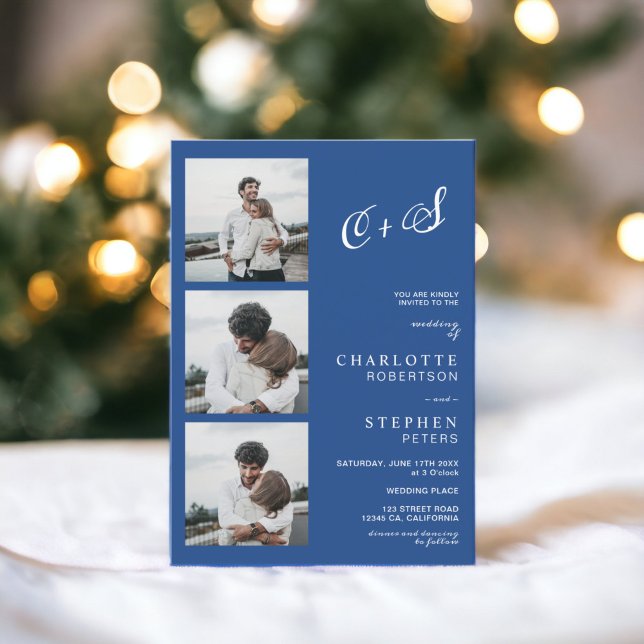 Invitación Boda fotográfico de las iniciales minimalistas azu (Blue minimalist casual initials photo wedding invitation)