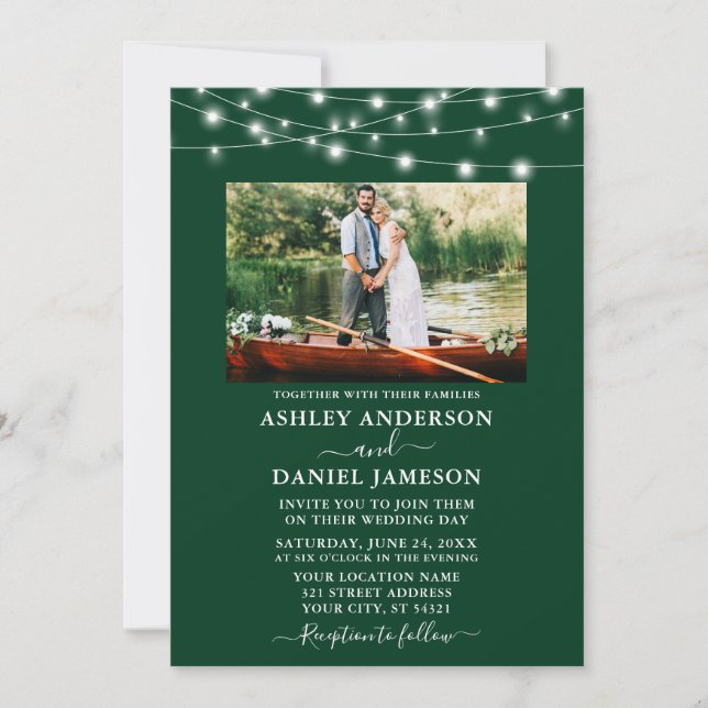 Invitación Boda fotográfico de las luces verdes de la esmeral (Anverso)