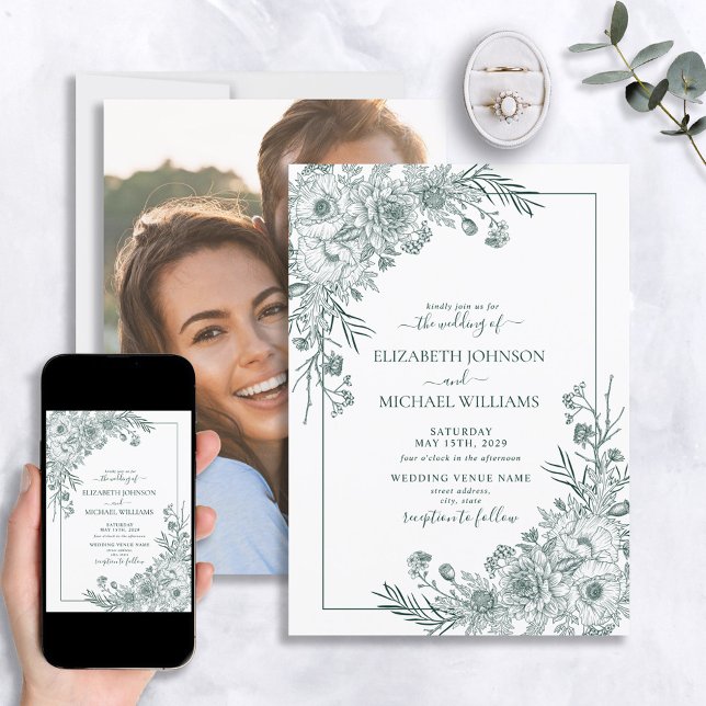 Invitación Boda fotográfico de líneas florales de esmeralda v (Subido por el creador)