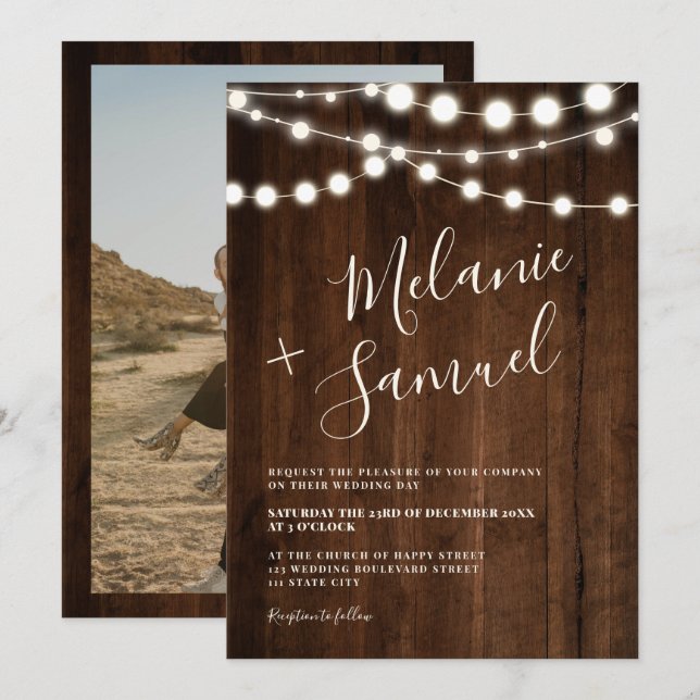 Invitación Boda fotográfico de luces de cuerda de madera marr (Anverso / Reverso)
