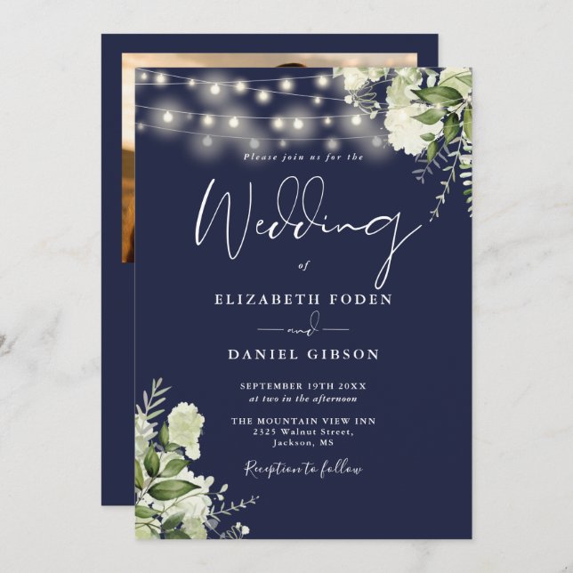 Invitación Boda fotográfico de luz verde azul de toda la mari (Anverso / Reverso)