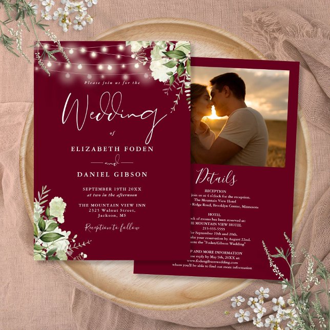 Invitación Boda fotográfico de luz verde borgoña todo en uno (All In One Burgundy Greenery Light Photo Wedding Invitation)