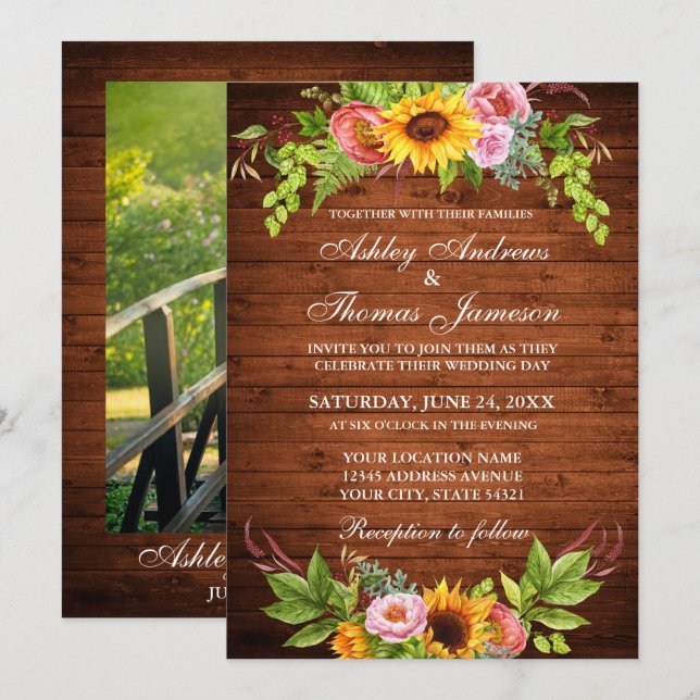 Invitación Boda fotográfico de madera rústica floral de giras (Anverso / Reverso)