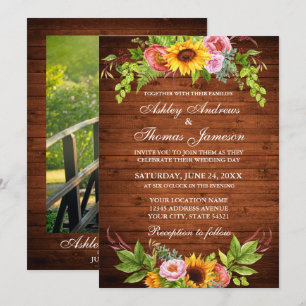 Invitación Boda fotográfico de madera rústica floral de giras