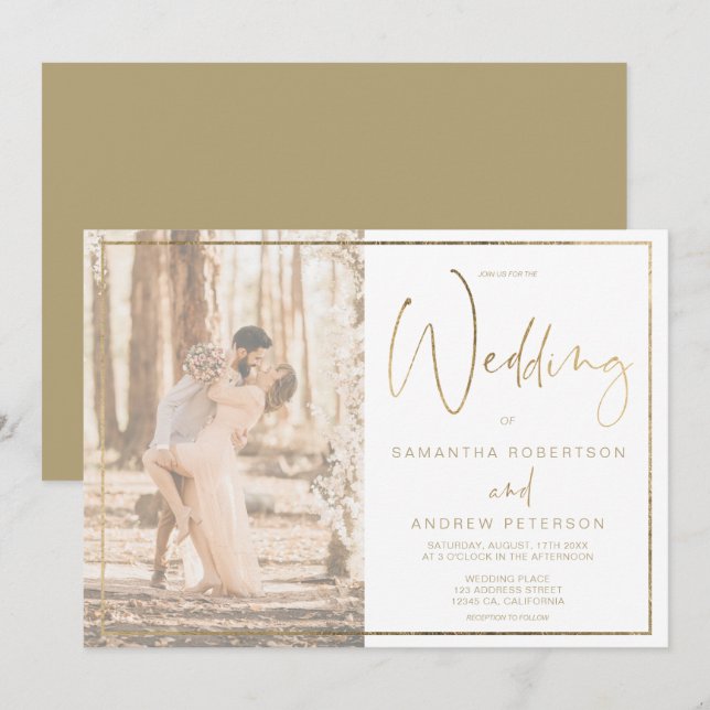 Invitación Boda fotográfico de marco de elegancia dorada (Anverso / Reverso)