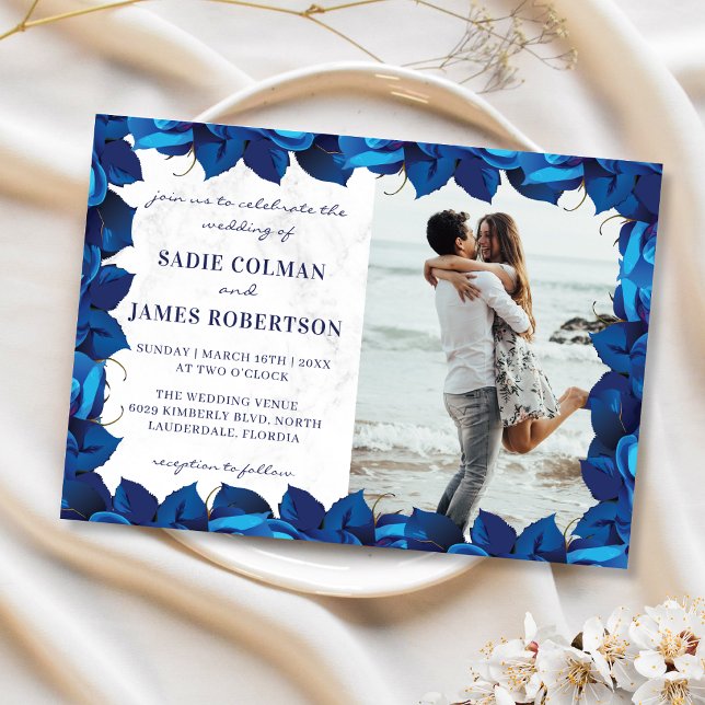 Invitación Boda fotográfico de mármol blanco y azul de la mar (Subido por el creador)
