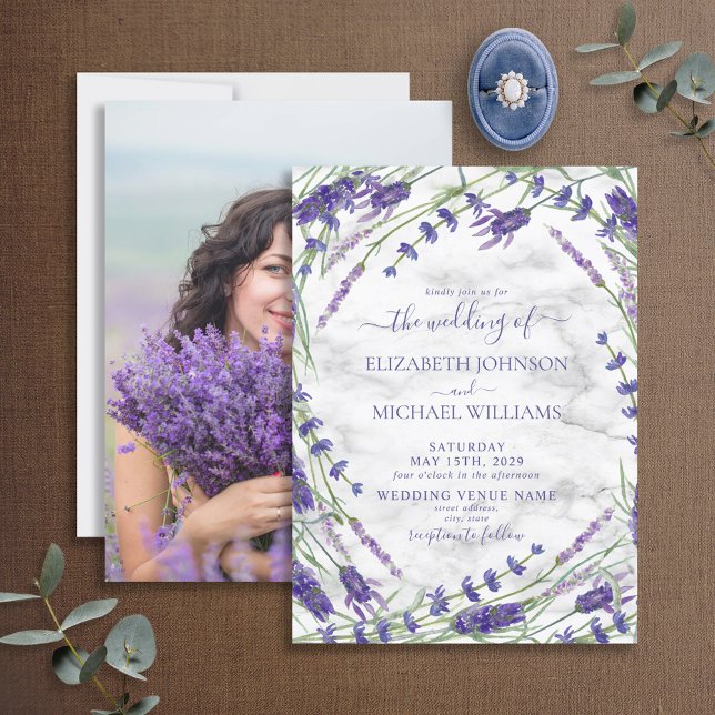 Invitación Boda fotográfico de mármol botánico de lavanda (Subido por el creador)