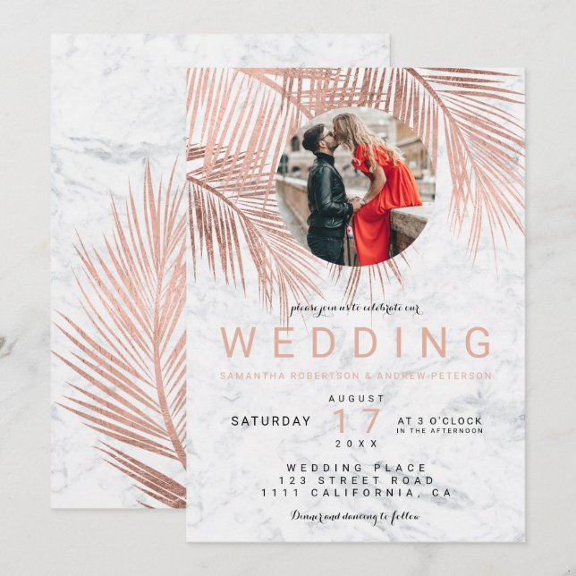 Invitación Boda fotográfico de mármol de palmera dorada rosa  (Anverso / Reverso)