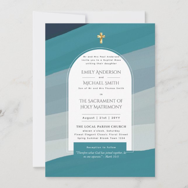 Invitación Boda fotográfico de misa masiva católica azul verd (Anverso)