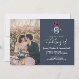 Invitación Boda fotográfico de monograma azul marino rustico 