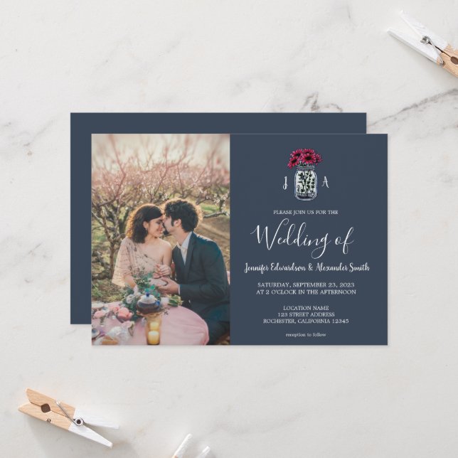 Invitación Boda fotográfico de monograma azul marino rustico  (Anverso/Reverso In Situ)