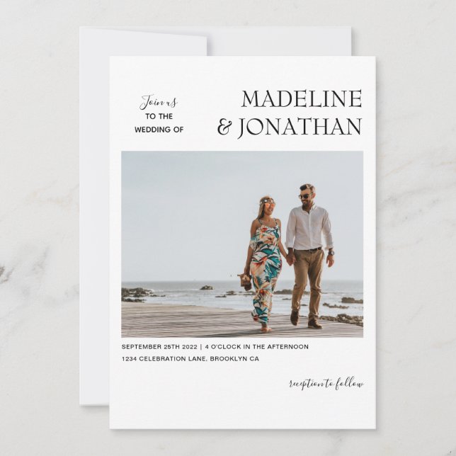 Invitación Boda fotográfico de monograma contemporáneo blanco (Anverso)