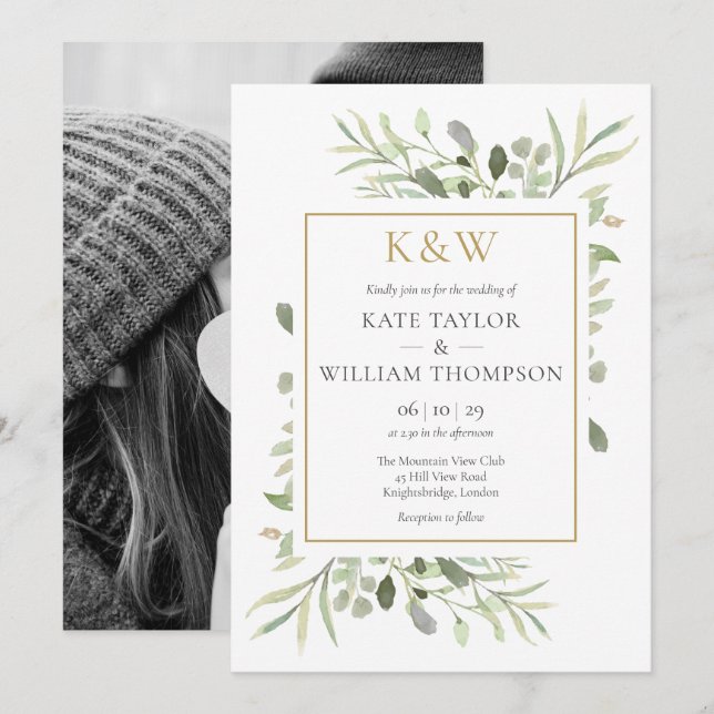 Invitación Boda fotográfico de monograma dorado verde (Anverso / Reverso)