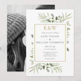 Invitación Boda fotográfico de monograma dorado verde
