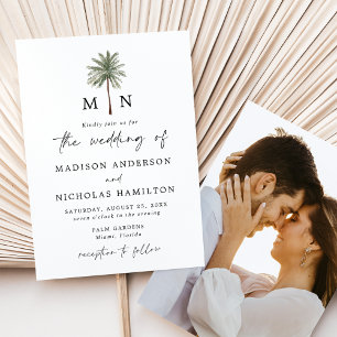 Invitación Boda fotográfico de monograma mínimo de palmeras