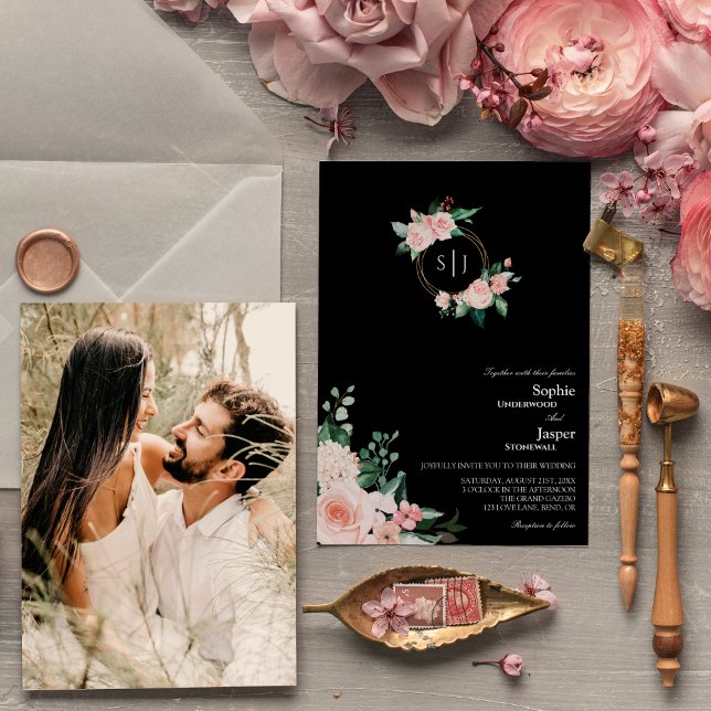 Invitación Boda fotográfico de monograma negro floral de Rubo (Subido por el creador)