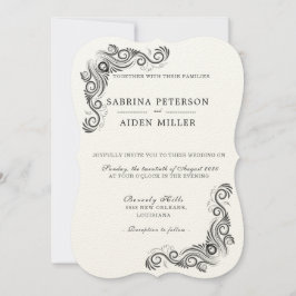 Invitación Boda fotográfico de monograma negro floreciente