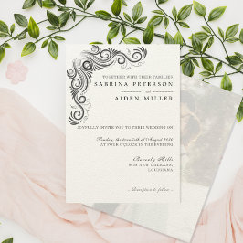 Invitación Boda fotográfico de monograma negro floreciente