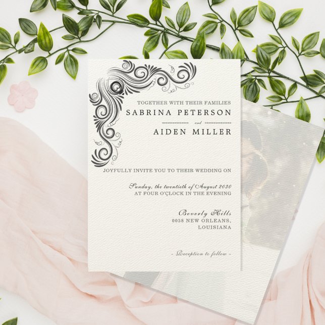 Invitación Boda fotográfico de monograma negro floreciente (Subido por el creador)