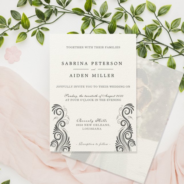 Invitación Boda fotográfico de monograma negro floreciente (Subido por el creador)
