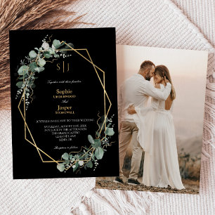 Invitación Boda fotográfico de monograma negro simple de oro