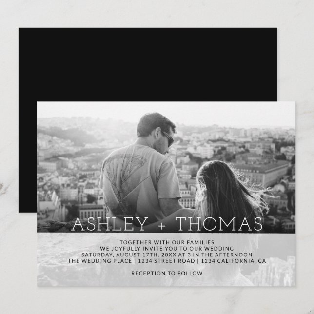 Invitación Boda fotográfico de monograma simple superpuesto m (Anverso / Reverso)