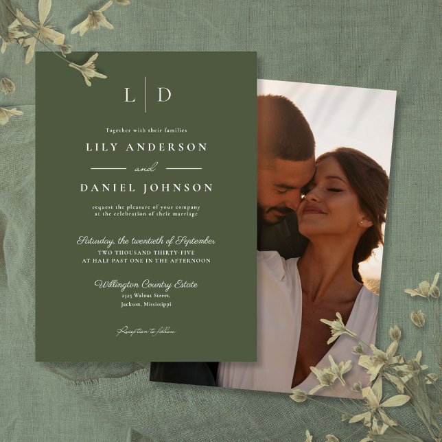 Invitación Boda fotográfico de monograma verde oliva Minimali (Subido por el creador)