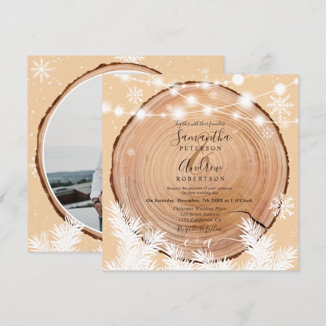 Invitación Boda fotográfico de Navidades de leña de nieve rús (Anverso / Reverso)
