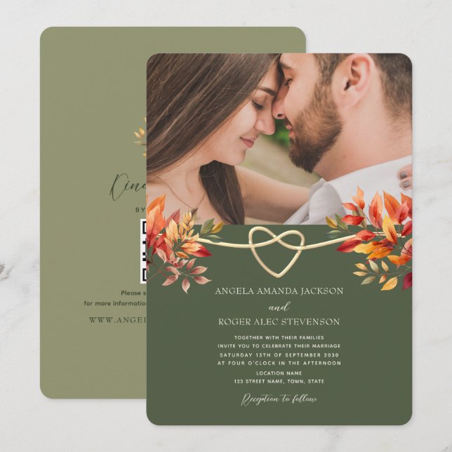 Invitación Boda fotográfico de Olive Green Rustic Fall (Anverso / Reverso)