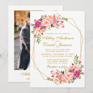 Invitación Boda fotográfico de oro floral de Rubor color rosa