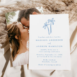 Invitación Boda fotográfico de palmeras azules dibujadas a ma