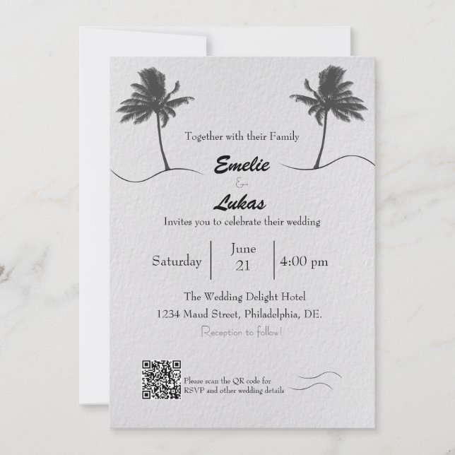 Invitación Boda fotográfico de palmeras y castillos marinos (Anverso)