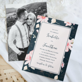 Invitación Boda fotográfico de patrón floral azul de Rubor bo