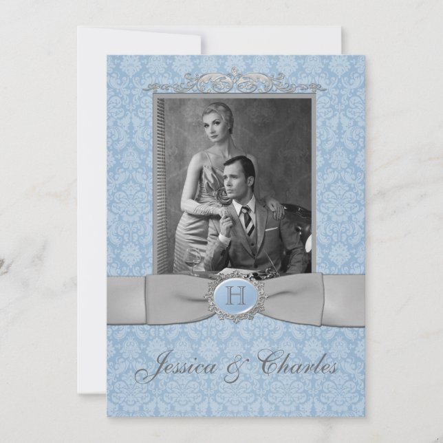 Invitación Boda fotográfico de pergamino azul vintage, Damasc (Anverso)