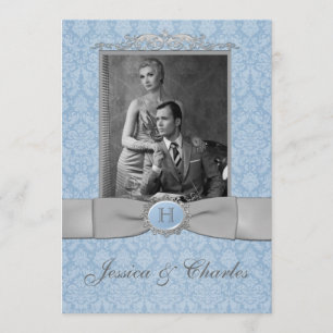 Invitación Boda fotográfico de pergamino azul vintage, Damasc