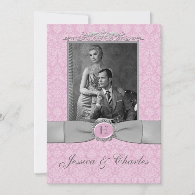 Invitación Boda fotográfico de pergamino rosa y gris Damasco (Anverso)