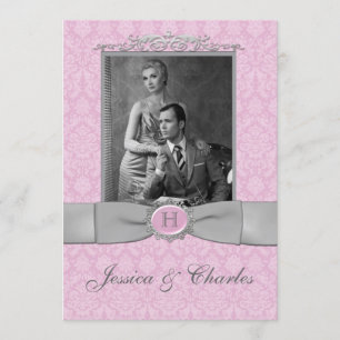 Invitación Boda fotográfico de pergamino rosa y gris Damasco